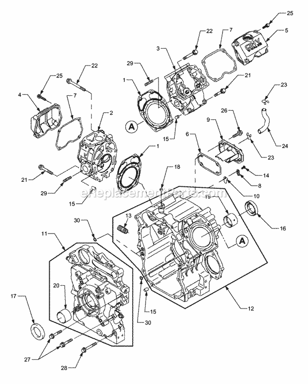 Cylinder Heads And Crankcase Diagram and Parts List for 5254E 54AE542-710, 54BE542-710, 54CE542-710 Cub Cadet Lawn Tractor